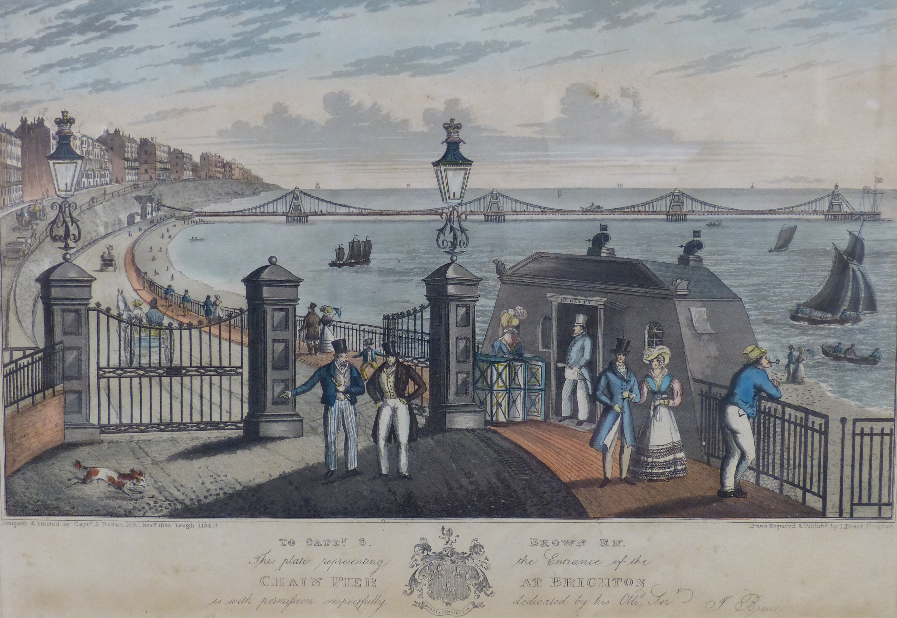 J. Bruce (19thC), coloured aquatint, The Chain Pier, Brighton, overall 28 x 40cm