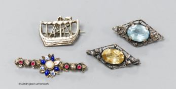 Two gem-set silver openwork lozenge-shaped brooches (possibly Scandinavian), a silver brooch in the