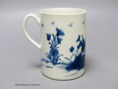 A Worcester 'Gardener' pattern cylinder mug, painted in blue, blue open crescent mark to base. 12.