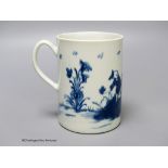 A Worcester 'Gardener' pattern cylinder mug, painted in blue, blue open crescent mark to base. 12.