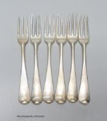 A set of 6 George III silver Hanovarian pattern three pronged forks, Robert Cruickshank London,