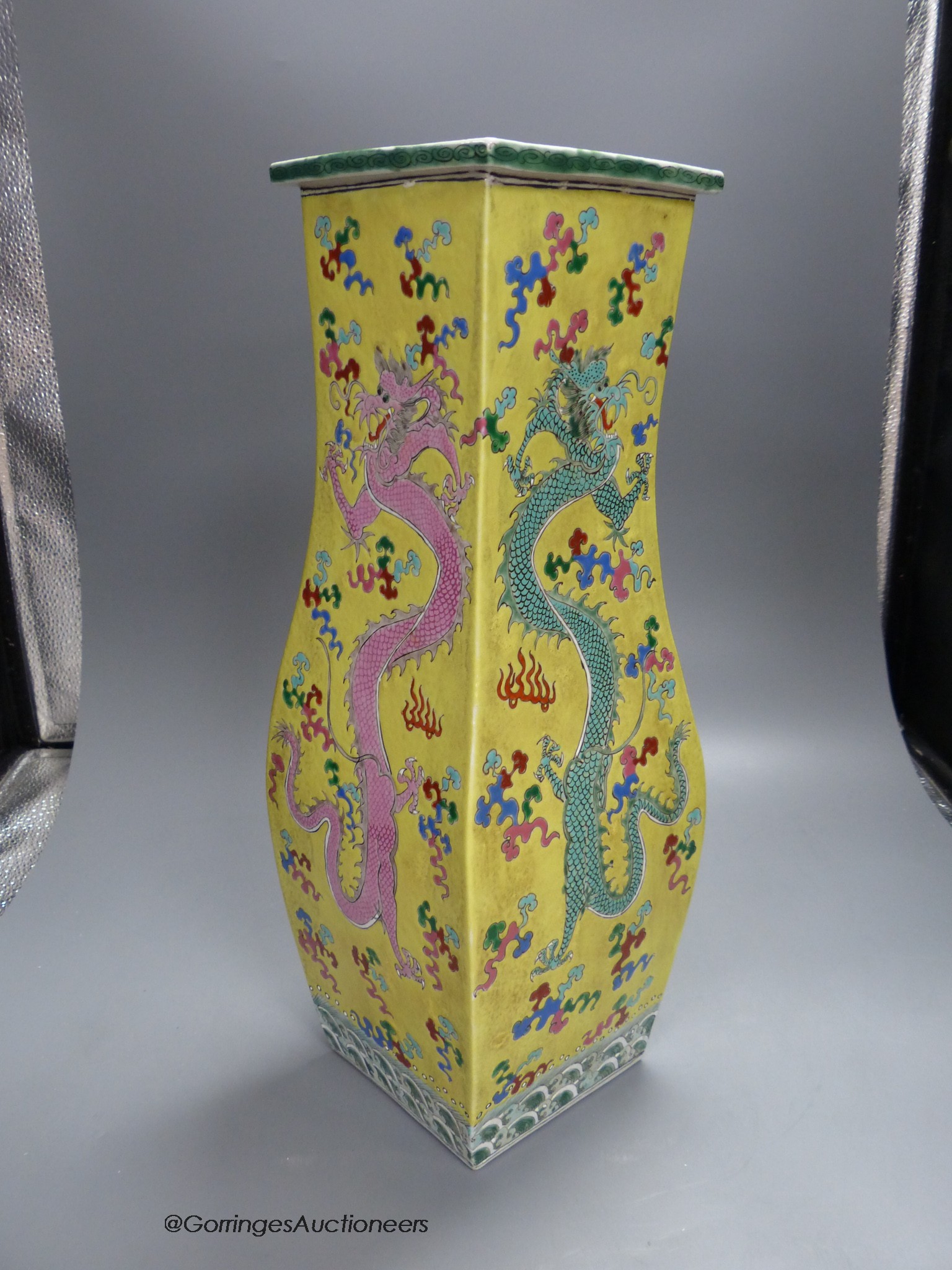 A Chinese yellow ground 'dragon' square baluster vase, 43.5cm high - Image 3 of 5