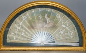A late 19th century French painted silk fan, 39 x 20cm, cased