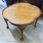 A queen and revival circular burr walnut coffee table. D-76, H-50cm.