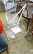 A pair of contemporary Perspex side tables, Perspex shaving mirror and an Italian white angle poise