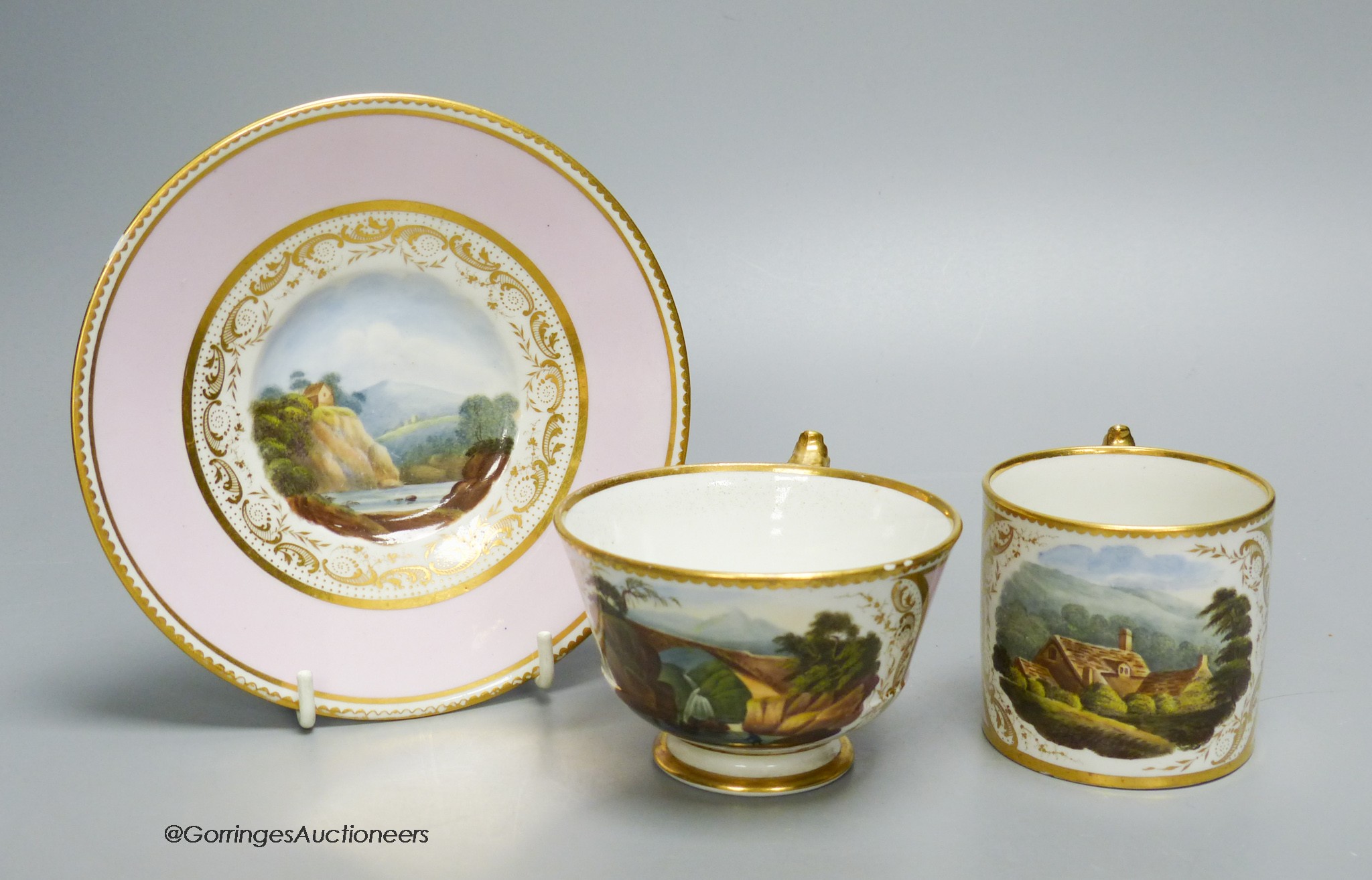 A finest quality Barr Flight and Barr coffee can, teacup and saucer painted with named scenes