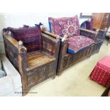 An Indian iron mounted, paneled hardwood hinged box seat bench and two chairs, all with Caucasian/