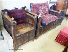 An Indian iron mounted, paneled hardwood hinged box seat bench and two chairs, all with Caucasian/