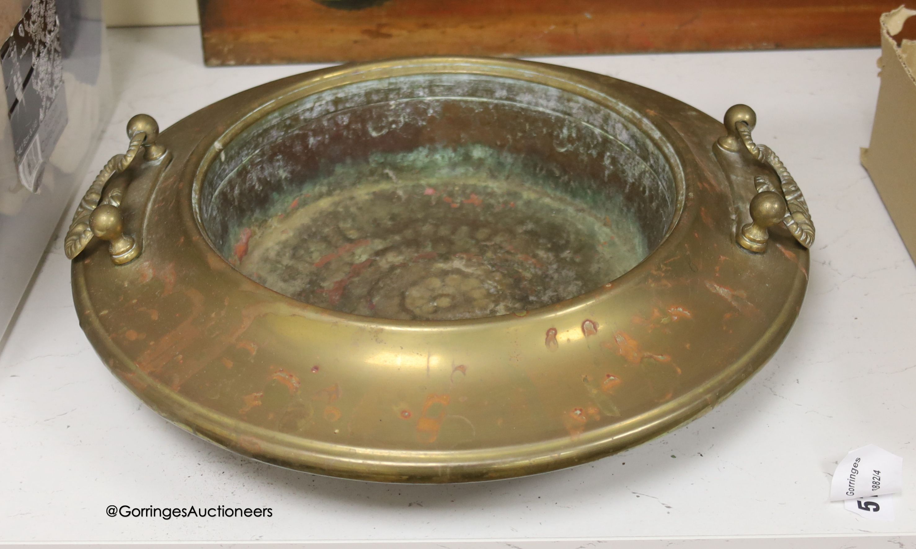 A circular brass two handled bowl, diameter 38cm - Image 2 of 4