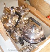 A silver mounted swan, silver dish stand and a quantity of plated ware