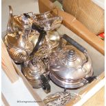 A silver mounted swan, silver dish stand and a quantity of plated ware