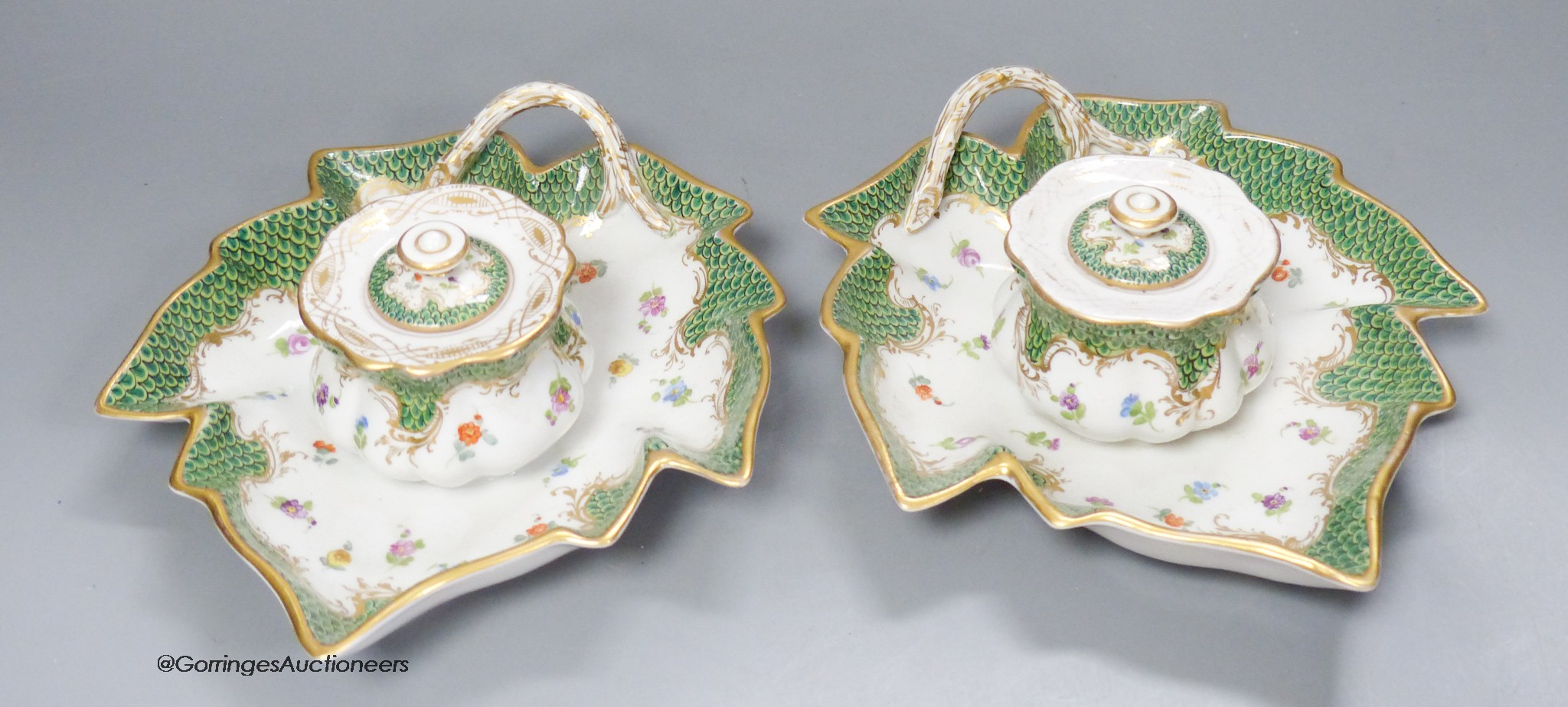 A pair of Dresden porcelain inkwells, length 19cm - Image 7 of 7