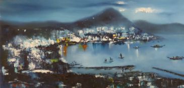 Chinese School, acrylic on canvas, Hong Kong Harbour, 100 x 49cm