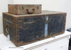 A Victorian iron bound lead-lined trunk, together with a later pine box. Larger, W-91, D-52, H-