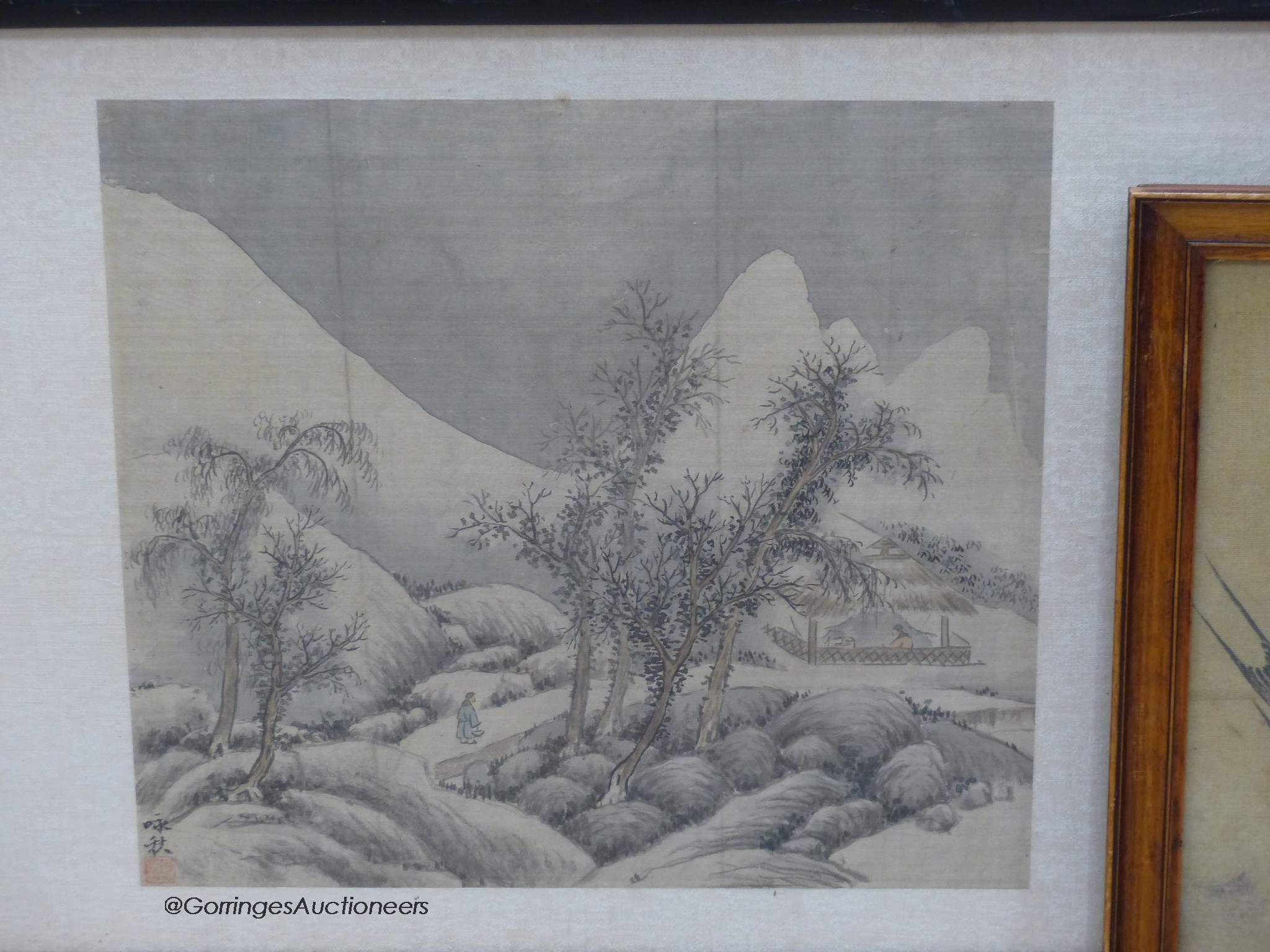 A late 19th century Chinese landscape painting on silk and another of birds amid prunus, largest 28 - Image 2 of 3
