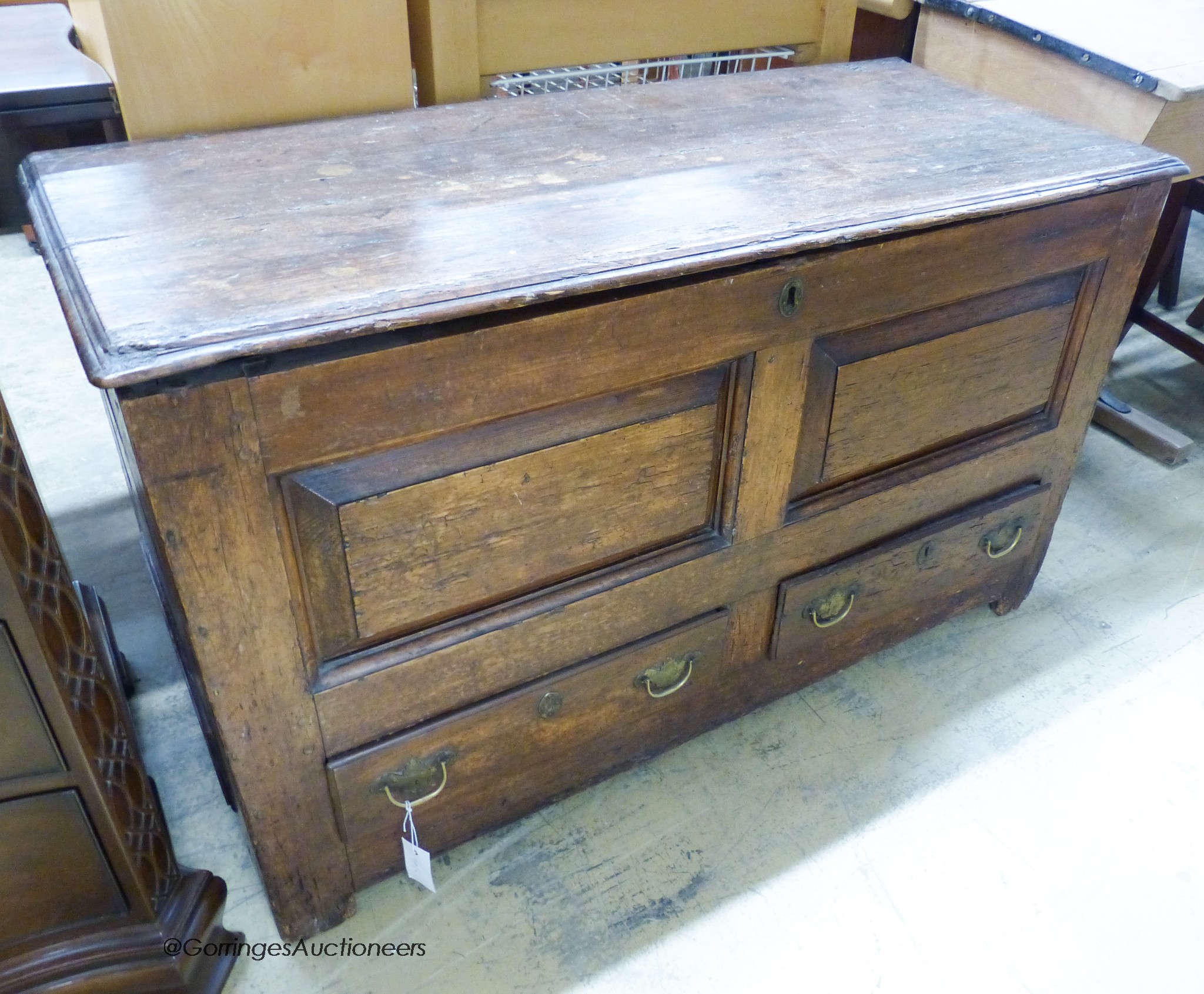 An 18th century pine mule chest, length 117cm, depth 49cm, height 68cm - Image 3 of 3