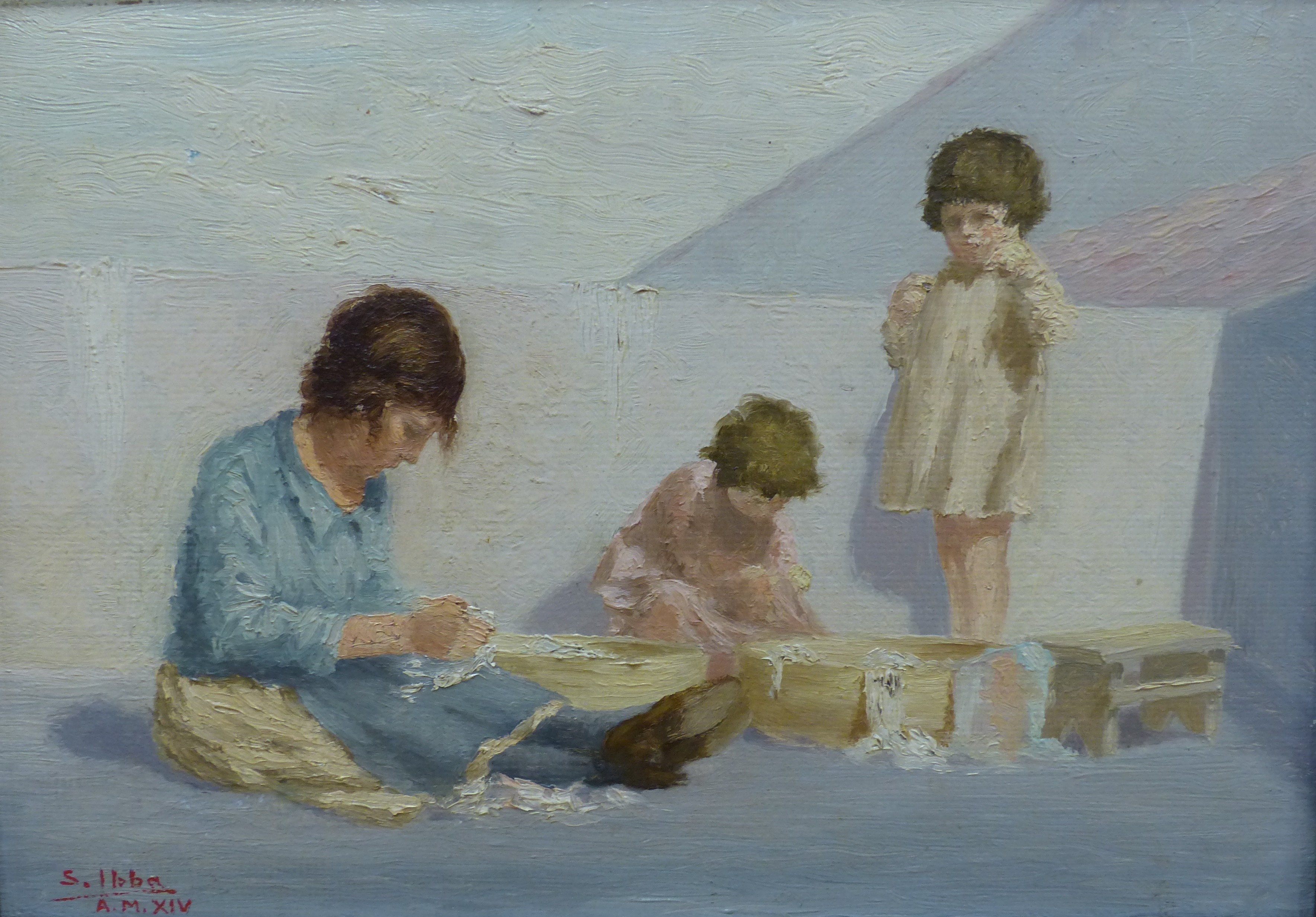 S. Ibba, oil on board, Street children washing clothes, 34 x 24cm