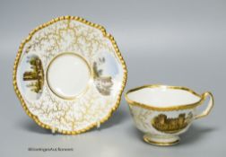 A Flight Barr and Barr gadroon bordered teacup and saucer painted with named landscapes