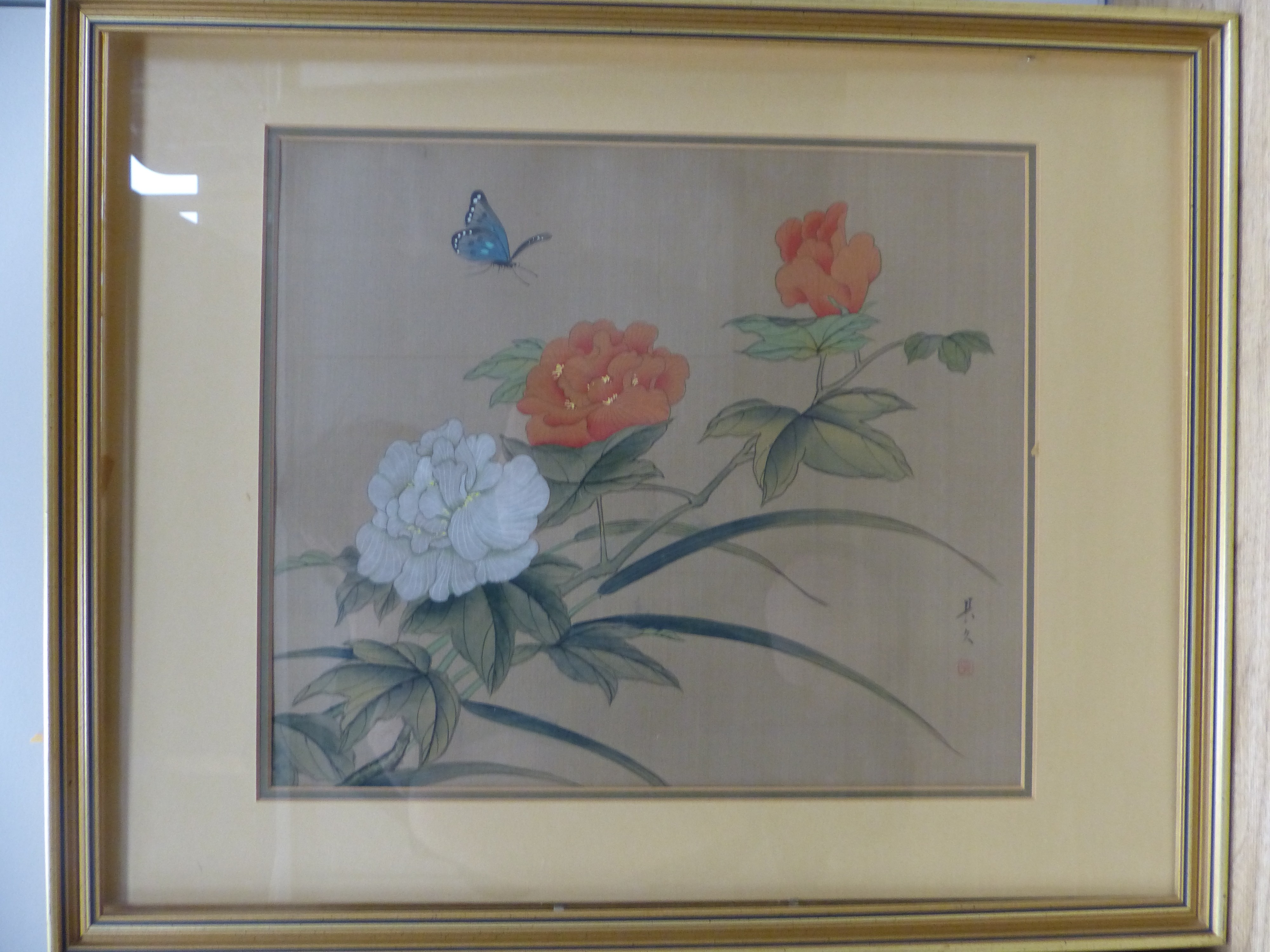 A pair of Chinese watercolours on silk, Butteflies among peony, 36 x 30cm - Image 3 of 4