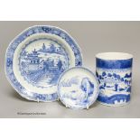 An 18th century Chinese blue and white mug, plate and saucer, largest 23cm diameter