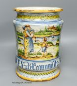 An Italian Orvieto vase or jardinière of albarello formof shaped cylindrical form, decorated with a