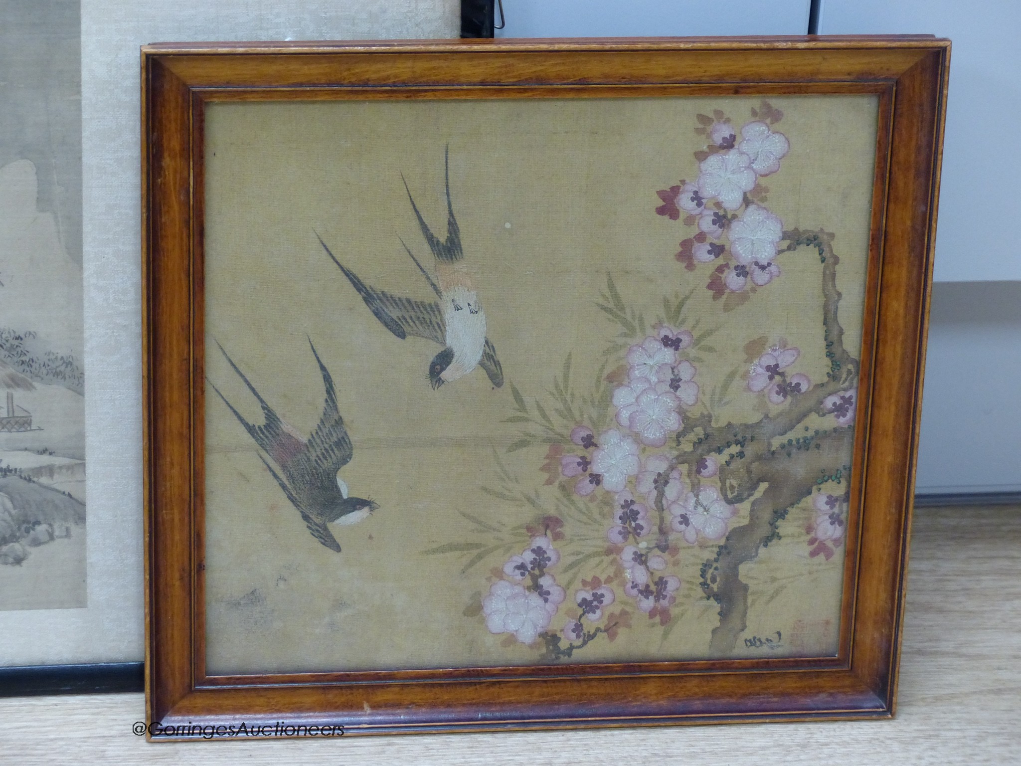 A late 19th century Chinese landscape painting on silk and another of birds amid prunus, largest 28 - Image 3 of 3