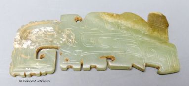 A Chinese archaistic green jade plaque, width 9cm