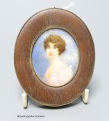 An oval portrait miniature of a lady in pink, height 5cm