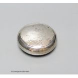 An Edwardian silver circular tobacco box, George Unite, Birmingham, 1904, 77mm, 76 grams.