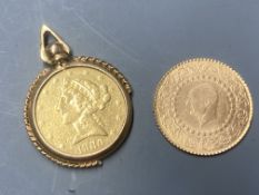 Two gold coins including one mounted as a pendant, gross 14.2 grams.