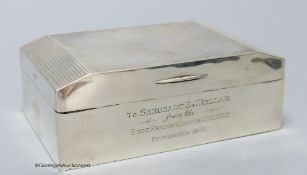 A George VI silver cigarette box, with military related inscription, Birmingham, 1939, 13.7cm,
