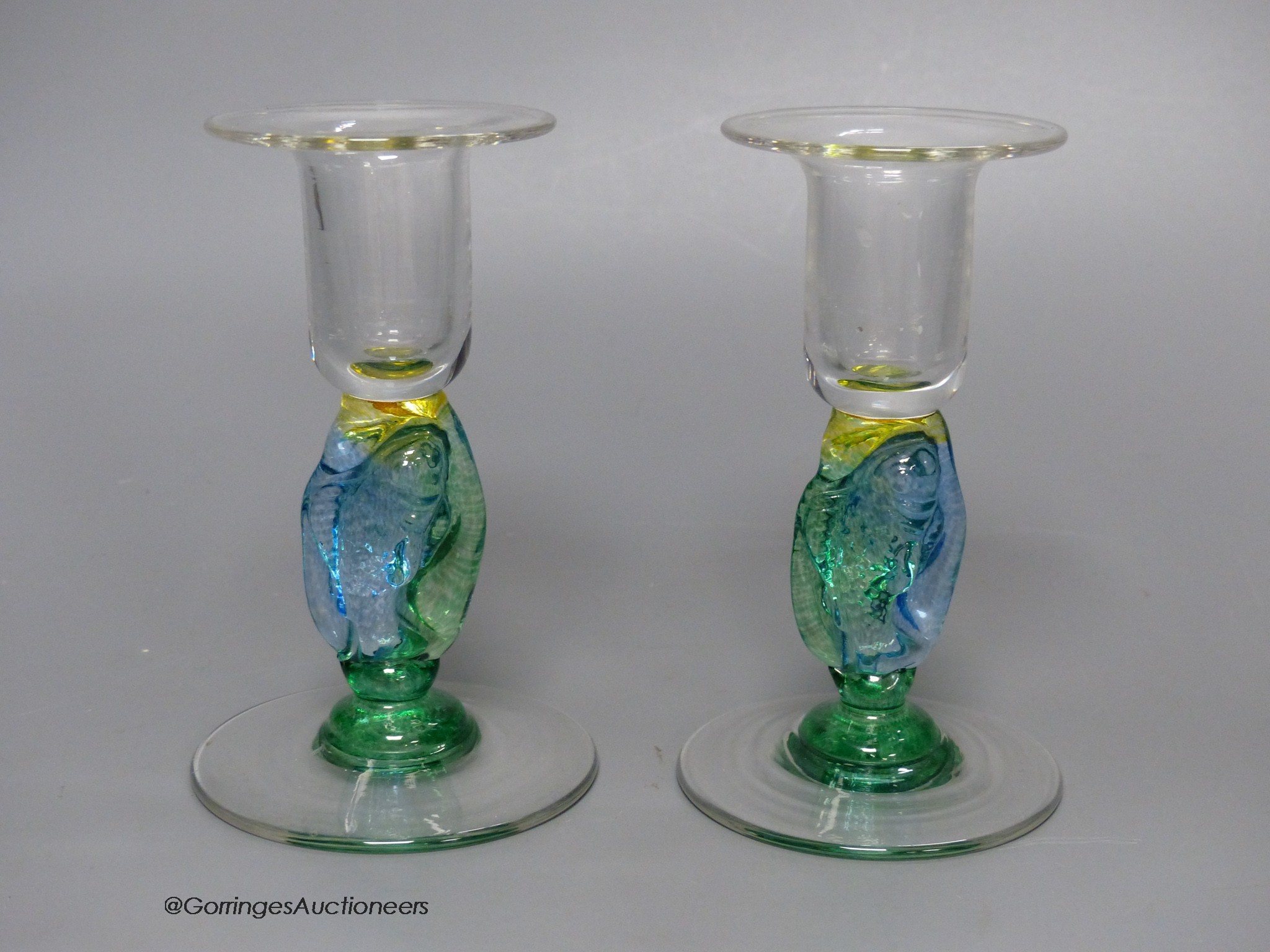 A pair of clear and coloured glass candlesticks by Helen Millard,the stems with fish design, - Image 2 of 5