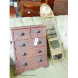 A Victorian style miniature pine chest of drawers. H-47cm, together with a gilt pier glass.