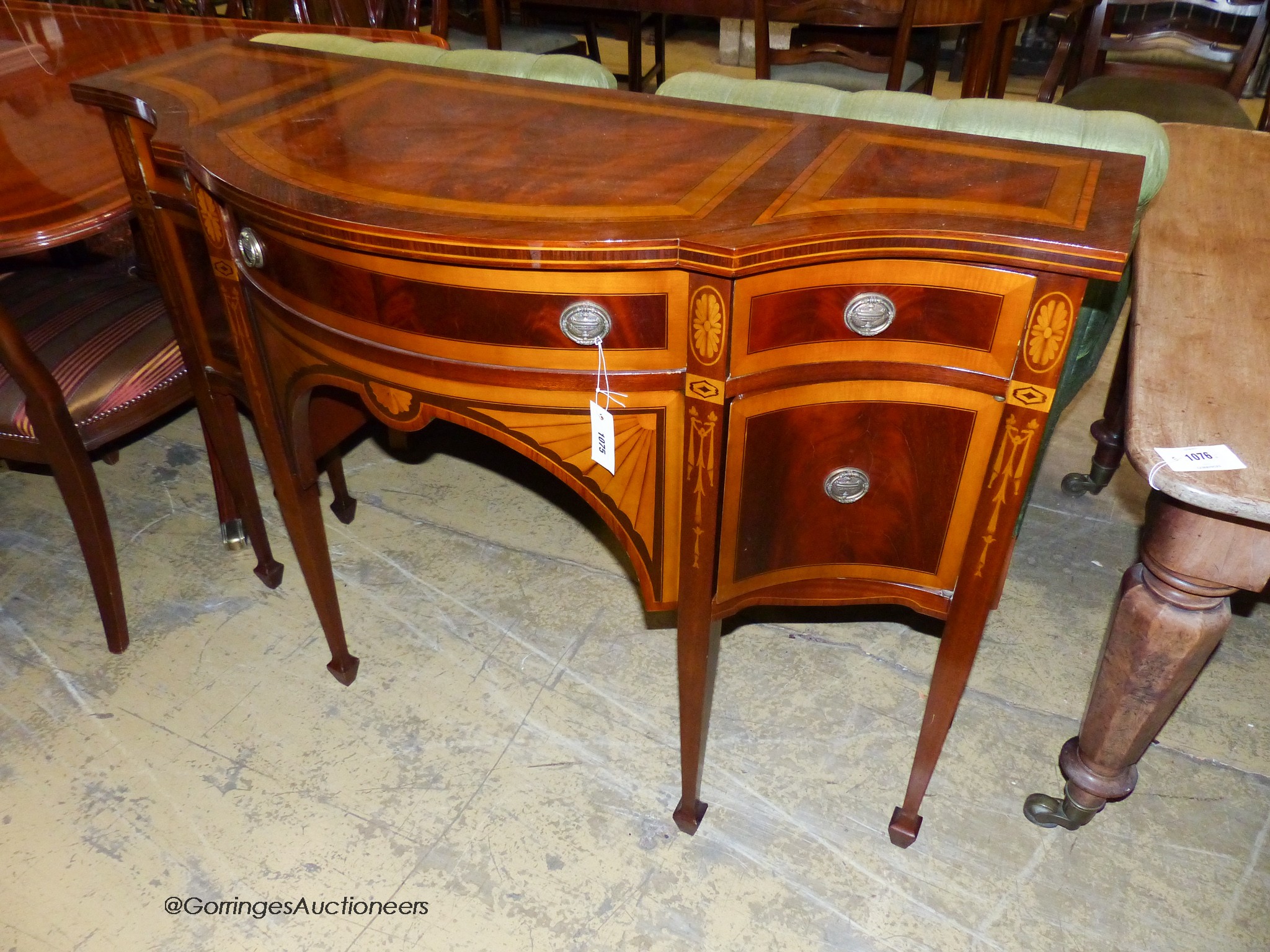A reproduction Sheraton inlaid mahogany dining room suite, comprising twin pillar extending dining - Image 2 of 4