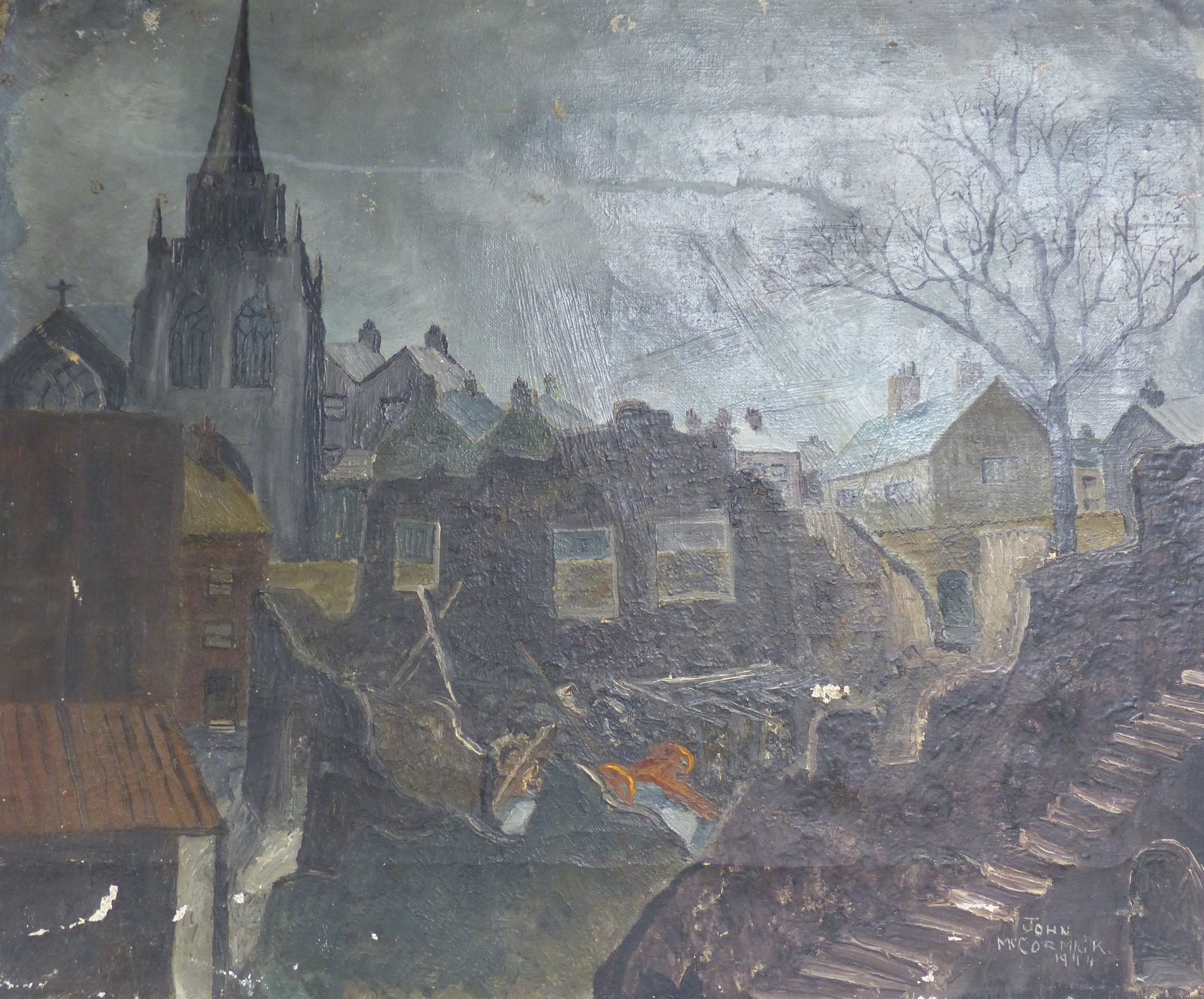 John McCormick, oil on canvas, Townscape during The Blitz, signed and dated 1944, 56 x 67cm,