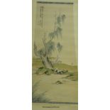 Two late 19th century Chinese scroll paintings, sage in a landscape and buildings in a landscape