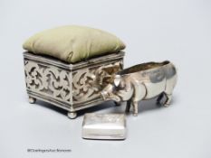 Two silver mounted pin cushions including a pig (lacking cushion) and a 19th century silver