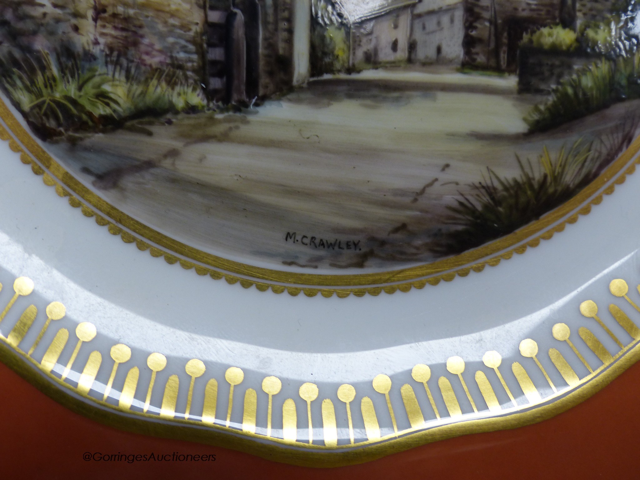 A Royal Crown Derby plate painted with a view of Stoney Middleton, Derbyshire under a burnt orange - Image 3 of 4