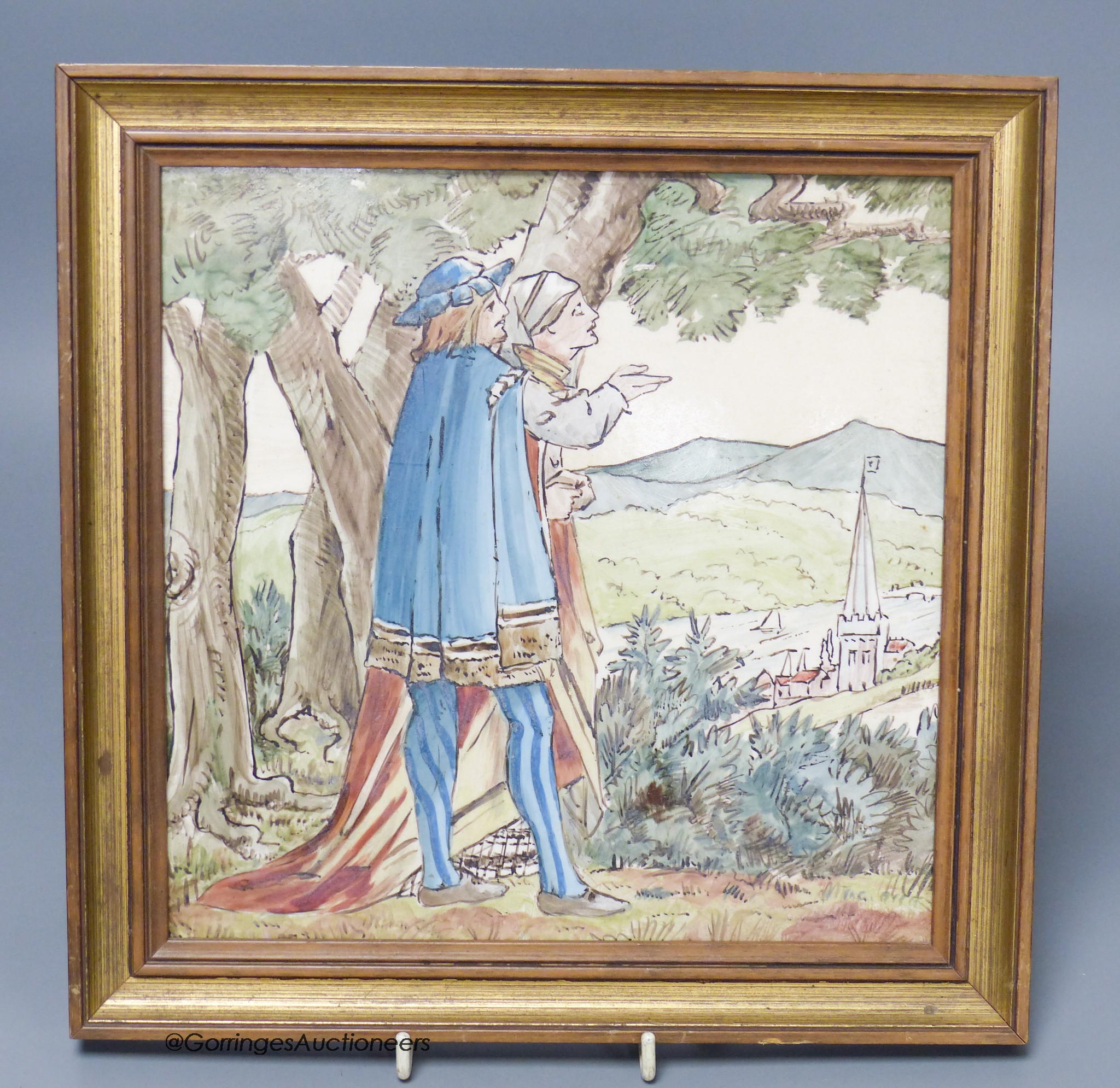 A framed Mintons tile, outside decoration, 22cm square