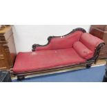 A Victorian mahogany chaise longue. Length-208, Depth-72, Height-77cm.