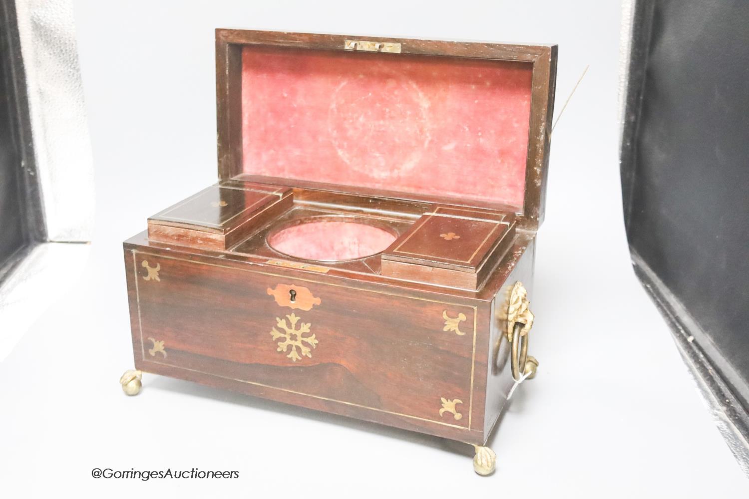 A Regency brass inlaid rosewood tea caddy, height 18cm - Image 2 of 3