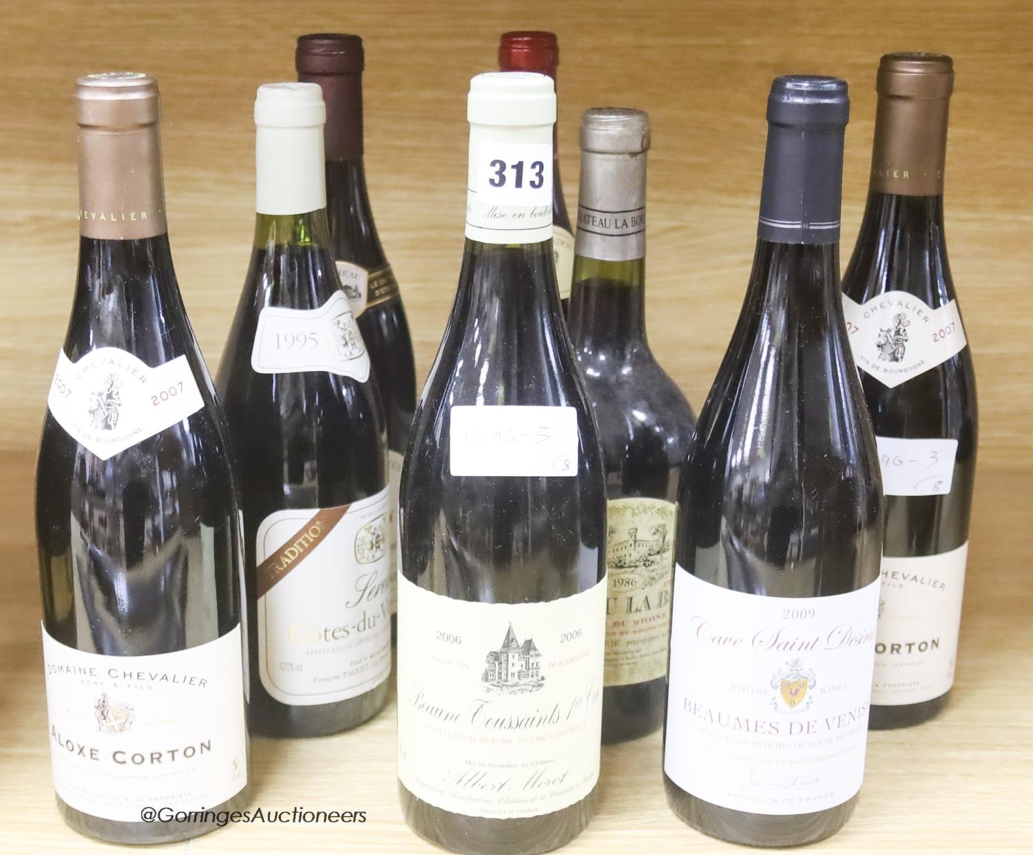 Seven assorted Burgundy wines including two Aloxe Corton Domaine Chevalier, 2007, together with one