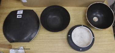 Bill Gill. An Art studio moon flask, height 23cm, and three Art studio pottery bowls