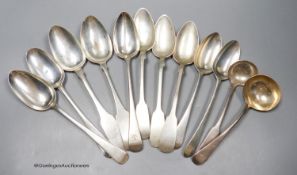 Seven assorted 18th and 19th century silver table spoons, and two sauce ladles, various patterns,