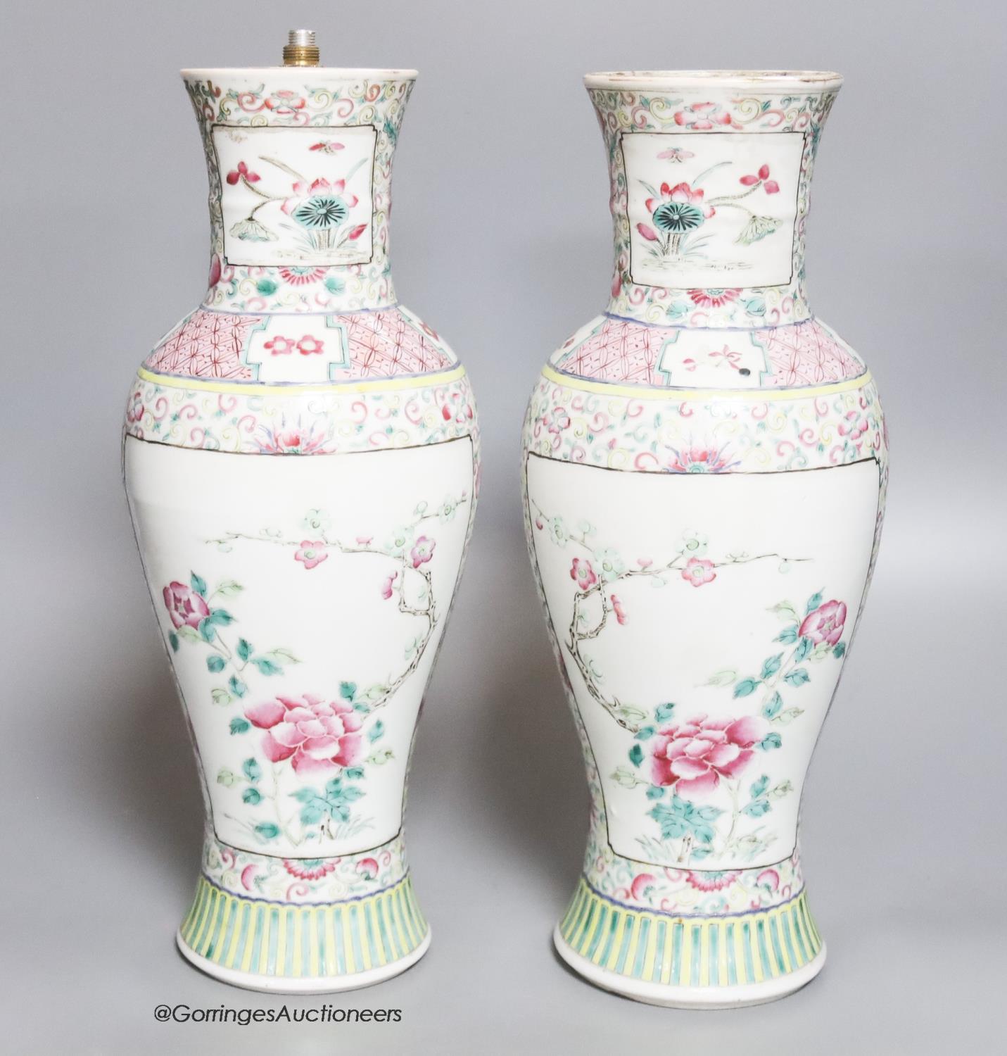 A pair of 19th century Chinese famille rose vases- ex lamp bases, height 31.5cm - Image 14 of 16
