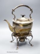 A late Victorian silver shaped rectangular tea kettle on stand with burner, Thomas Bradbury & Sons,