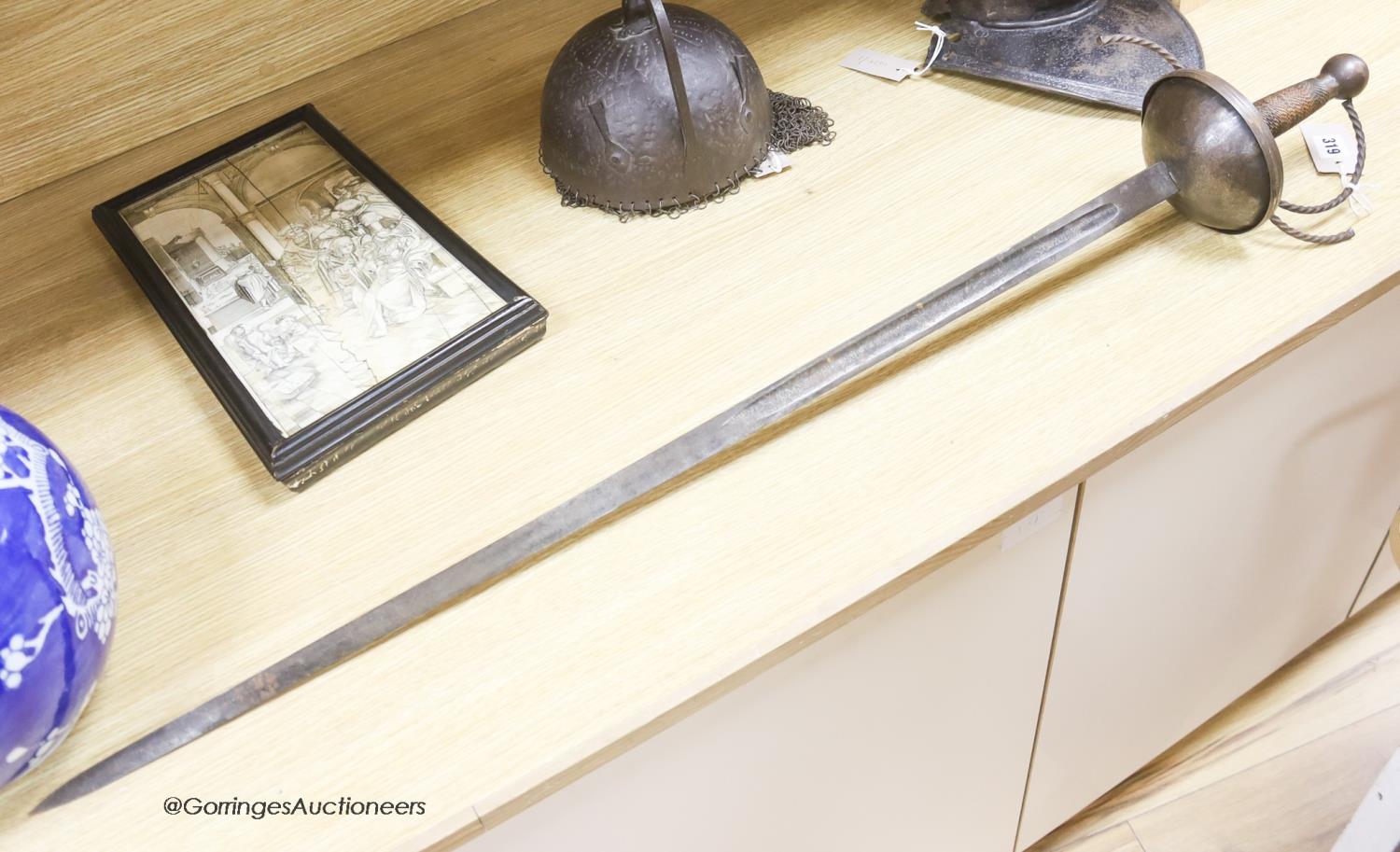 An 18th century style cup hilted sword, length 102cm