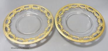 A pair of 19th century ormolu mounted glass dishes, in French Empire style, diameter 23cm