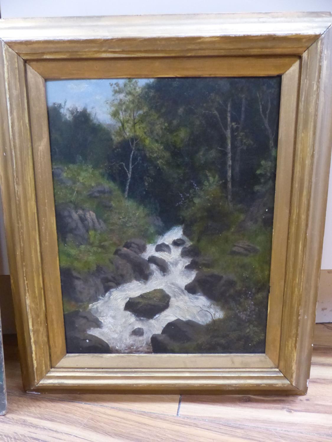 After William Mellor, oil on board, Woodland stream, 30 x 23cm and an unframed oil of a fjord, 40 x - Image 3 of 4