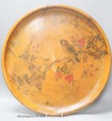 A large Japanese elm charger, painted with songbirds and flowers in the Japanese taste, diameter